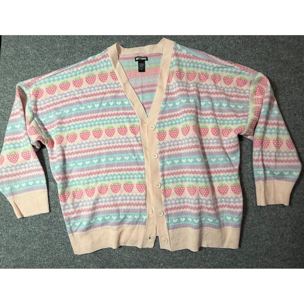 Hot Topic 3X Strawberry‎ Hearts Pastel Knit Cardigan Sweater Cute